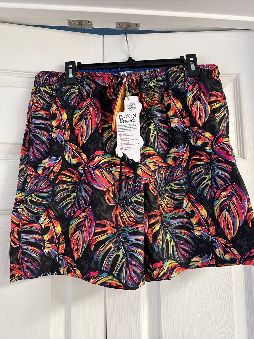 Broken Threads Men’s Black Swim Trunks with Multicolor Tropical Leaf Print